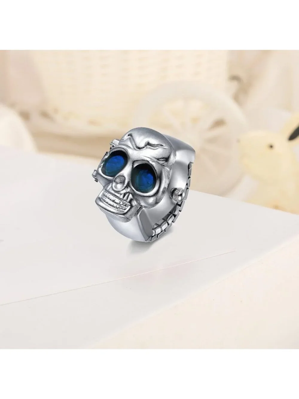 Unisex Silver And Blue Analog Punk Skull Flip-Open Adjustable Finger Ring Watch